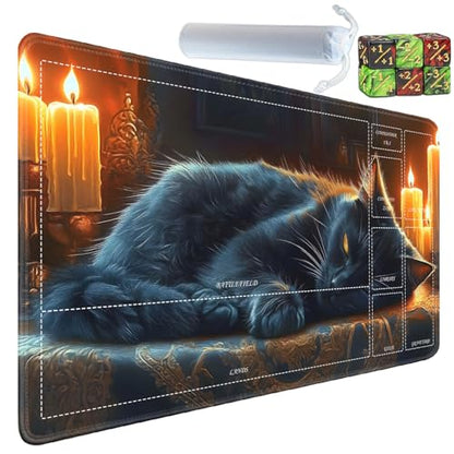for MTG/TCG Playmat with Zones, 24 x 14 inches Trading Card Playmat with A Storage Bag and 6 Dice, Non-Lip Rubber Bottom Game Desk Mat, Sleeping Cat in The Candlelight Room - color: Yux-playmats-2-3A-249