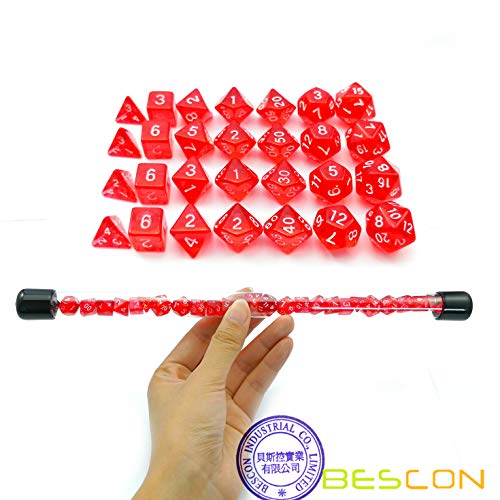 Bescon 28-Piece Translucent Red Mini Polyhedral Dice Set, 4 Complete 7-Die Sets, Ruby Color Resin Gaming Dice for Dungeons and Dragons, Includes Clear Storage Tube - color: 4x7 28pcs Gem Red Tube