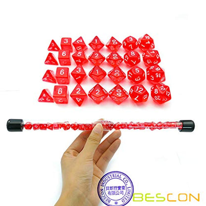 Bescon 28-Piece Translucent Red Mini Polyhedral Dice Set, 4 Complete 7-Die Sets, Ruby Color Resin Gaming Dice for Dungeons and Dragons, Includes Clear Storage Tube - color: 4x7 28pcs Gem Red Tube