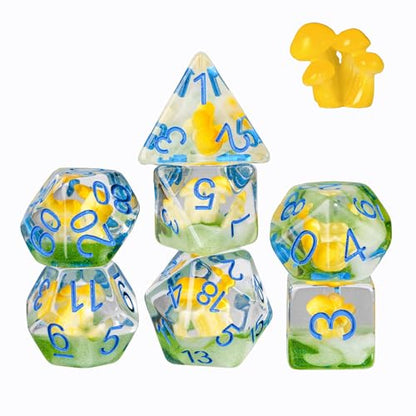 UDIXI Yellow Mushroom Dice Set, Polyhedral Dice Set D&D for Tabletop Games | Velvet Storage Bag, DM Gift, for Dungeons and Dragons Role Playing Games Board Games - color: Mushroom Yellow/Blue Font