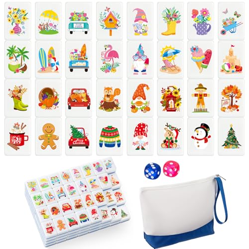 Soulchen 129 Pack 4 Players Mahjong Block Set(1.2'') Tiles Push Game Portable Travel Blue Mahjong Tiles Set with Carry Bag for Spring Summer Family Friends Party Game Gift, 32 Seasonal Pattern
