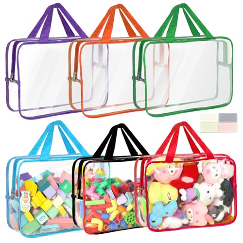 6 Packs Toy Storage Bags with Labels, 11.8x8.7x3.9In Large PVC Reusable Clear Board Game Storage with Zipper, Travel Waterproof Organizer Bags for Building Blocks, Puzzle, Kids Books, Stationery - color: Color-6pcs