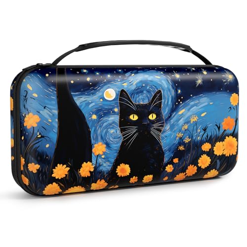 NPOOYI Carrying Case for Nintendo Switch OLED 2021/2017, Hard Shell Cover | Hard Shell Protective Switch Case, Portable Travel Storage Bag with Pockets and Game Holder for Console Joy-Con & Accessories - color: Starry Night Cat