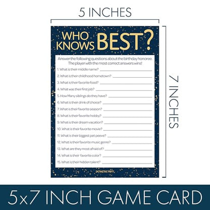 Navy and Gold 80th Birthday Games Set, Born in the 1940s, 20 Guests | 5" x 7" Dual-Sided Cards, Who Knows Best, Older or Younger, and 1940s Trivia Games, Answer Keys Included - color: Blue Gold