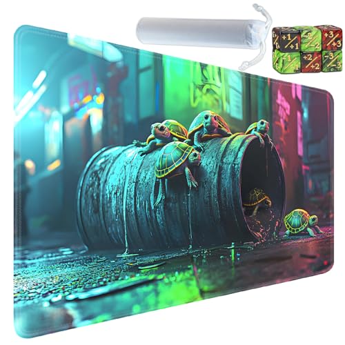 Playmat for MTG, 24x14 Inches, for TCG and CCG Trading Card Game Mat, Non-Slip Rubber for MTG Playmats with Storage Bag and 6 Dice Set, Neon Turtle - color: Yux-playmats-2-1A-187