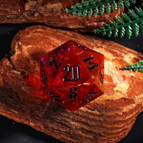 Cusdie Single D20 DND Dice with Sharp Edges and Glitter Foil Inclusions, 33mm Handcrafted 20 Sided D&D Dice, for Role Playing Game (Flame Red w/Black Numbers) - color: Flame Red With Black Numbers