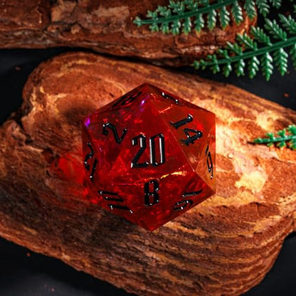 Cusdie Single D20 DND Dice with Sharp Edges and Glitter Foil Inclusions, 33mm Handcrafted 20 Sided D&D Dice, for Role Playing Game (Flame Red w/Black Numbers) - color: Flame Red With Black Numbers