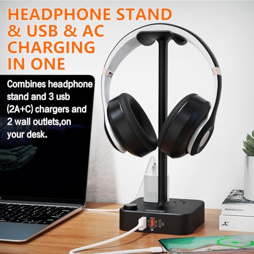 COZOO Headphone Stand with USB Charger Desktop Gaming Headset Holder Hanger with 3 USB Charging Station and 2 Outlets Power Strip,Suitable for Gaming, DJ,Wireless Earphone Display, Gamer Gifts for Men | Gaming Headset Stand Holder for Desk, 3 USB(1 USB C)