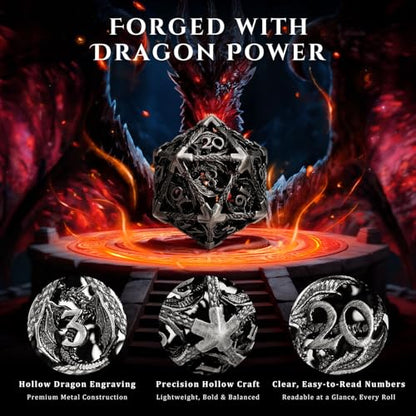 MoKo Dragon Hollow Metal DND Dice Set, Silver | 7 Pcs Polyhedral, D20 D12 D10 D8 D6 D4, For Dungeons and Dragons RPG Games, With Gift Box - color: 4 - Sliver
