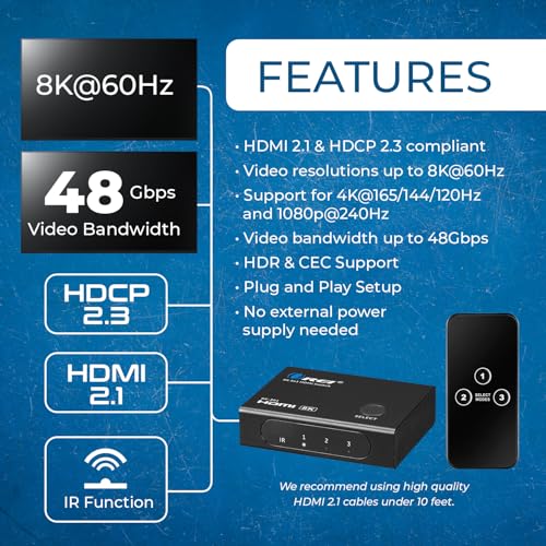 OREI 8K 3-Port HDMI 2.1 Switch, 3-in 1-Out, 8K@60Hz, CEC, HDR, IR Remote | hdmi switch with remote, hdmi switcher 3 in 1 out, 48Gbps, HDCP 2.3, 4K@120Hz/165Hz, PS5/Xbox - size: 3x1 8K HDMI Switch