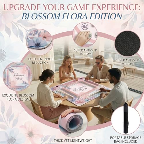 Mahjong Mat for Table - 32.3 Inch Waterproof & Non-Slip PU Velvet Surface, Lightweight No Crease No Odor Design for Noise Reduction,Includes Printed Rules (Blossom) - color: Blossom