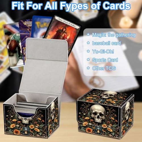 Skull with Flowers Deck Box for MTG Commander | Holds 100+ Double-Sleeved Cards | Strong Magnetic TCG Card Case for Collectible Games - color: Skull with Flowers