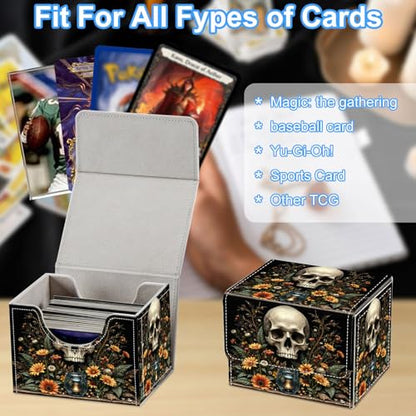Skull with Flowers Deck Box for MTG Commander | Holds 100+ Double-Sleeved Cards | Strong Magnetic TCG Card Case for Collectible Games - color: Skull with Flowers