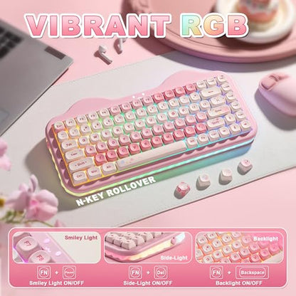 YUNZII C75 Wireless Mechanical Keyboard,75% Layout, Hot-Swappable NKRO,BT5.0/2.4G/USB-C Mode,Dye-Sub PBT MOA Keycaps,RGB Gasket Mount,Cute Cake Design for Mac/Win/Gaming (Pink, Milk V2 Switch) - color: Pink, size: Milk V2 Switch