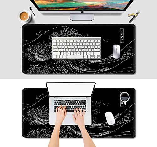 IMAYONDIA Japanese Great Wave Large Mouse Pad (35.4x15.7 in), Black Gaming Mouse Pad Anime XXL, Extended Kanagawa Mouse Mat Desk Pad, Non-Slip Rubber Base Long Computer Mice Pad - color: Japanese Great Wave