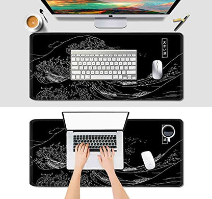 IMAYONDIA Japanese Great Wave Large Mouse Pad (35.4x15.7 in), Black Gaming Mouse Pad Anime XXL, Extended Kanagawa Mouse Mat Desk Pad, Non-Slip Rubber Base Long Computer Mice Pad - color: Japanese Great Wave
