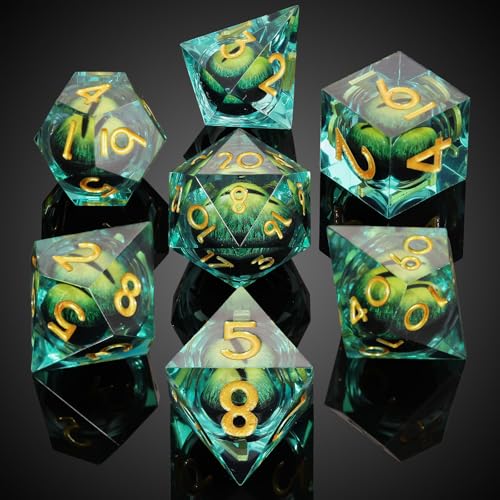 MoKo Liquid Core DND Dice Set 7PCS, Green + Gold | Sharp Edge Resin Polyhedral, D20 D12 D10 D8 D6 D4 D%, Gift Box Included, Compatible with Dungeons and Dragons RPG - color: 1 - Green + Gold