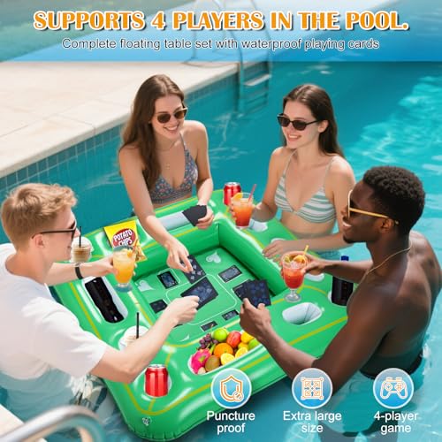 Kaiedos Floating Game Table for Pool - Inflatable Floating Table with Waterproof Playing Cards, 40"x40" Large Pool Float Drinks for Adults, Includes 12 Drink Holders (Green)