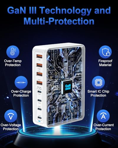 USB C Charger Block 200W, GaN USB Charging Station Hub 8-Port, PD 65W Laptop Fast Charger Power Adapter Compatible with MacBook Pro/Air,Dell,iPad,iPhone 16/15,S23/S24 Steam Deck etc