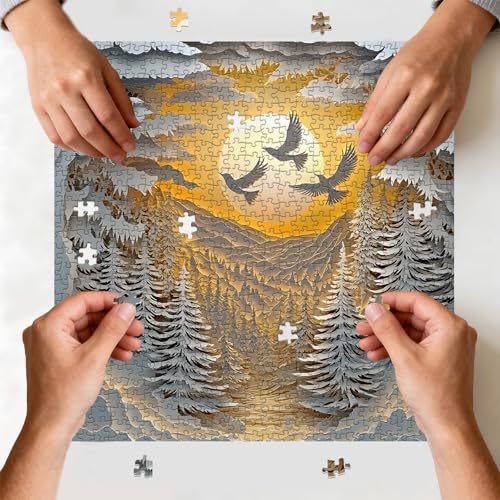 Puzzle for Adults 1024 Pieces, 3D Paper-Cut Winter Forest Sunset Jigsaw Puzzle, Challening Impossible Difficult Hard Fun 1000 Pieces Jigsaw Puzzles for Adults - color: Paper Birds Winter Glow 1024 Pieces