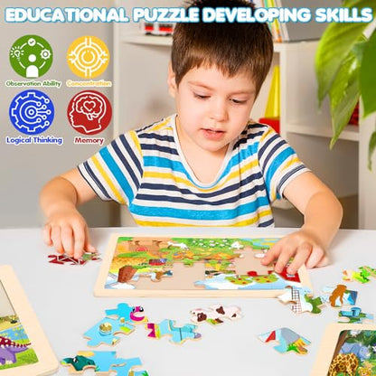 Puzzles for Kids Ages 4-6, 4 Packs Wooden Animals Jigsaw Puzzles for Toddlers Ages 3-5, Preschool Educational Puzzles Boards Toys Gifts for 3 4 5 6 Boys Girls - style: Animals