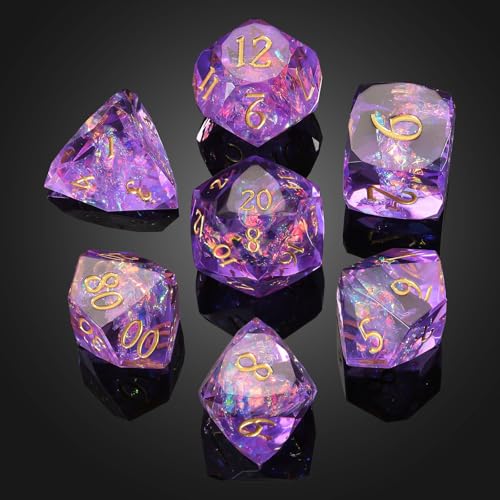 MoKo Resin DND Dice Set, 7PCS Sharp Edge Polyhedral, Purple | Gold Numbers, D&D RPG Tabletop Games, Gift Box Storage Bag, D20 D12 D10 D8 D6 D4 D% - color: 3 - Purple