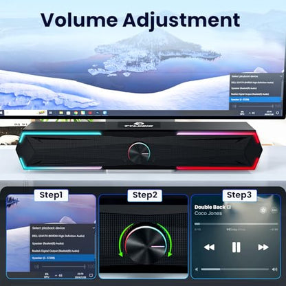 Tylubio Computer Speakers for PC Desktop, Flowing LED Under-Monitor Soundbar with Clear Stereo Sound, Bluetooth & USB 2-in-1 Audio Input, PC Speaker for Monitor Laptop, Black