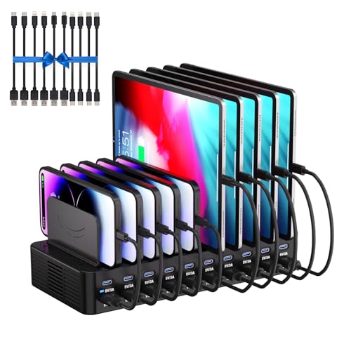 270W Charging Station for Multiple Devices, 20-Port USB Fast Charging Station with Adjustable Dividers & 10 Cables, Multi Device Organizer Charging Dock for iPhone, iPad, Tablets & More(Black) - color: Black