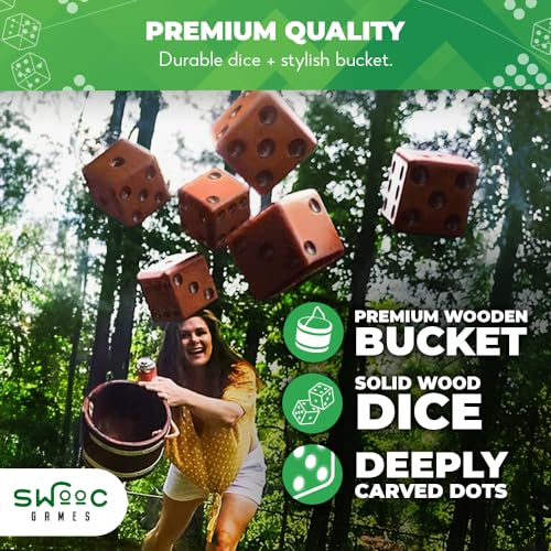 Swooc Games - Yardzee, Farkle & 20+ Giant Dice Games (All Weather) Yard Dice with Wooden Bucket, 5 Scorecards & Marker - Jumbo Dice Yard Game - Extra Large Yard Game for Adults - Jumbo Lawn Fun - size: 3.5" Dice
