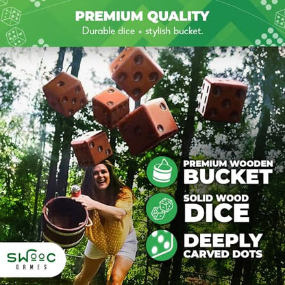Swooc Games - Yardzee, Farkle & 20+ Giant Dice Games (All Weather) Yard Dice with Wooden Bucket, 5 Scorecards & Marker - Jumbo Dice Yard Game - Extra Large Yard Game for Adults - Jumbo Lawn Fun - size: 3.5" Dice