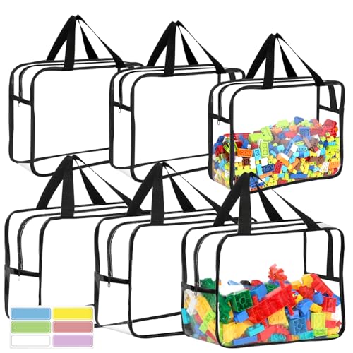 6Pcs 3Large & 3XL Toy Storage Bags with Labels Reusable Clear Toy Organizer | PVC Waterproof Transparent Organizer Bags with Zipper for Building Blocks, Puzzle, Board Games Travel Storage, Save space - color: Black, size: Large and X-Large