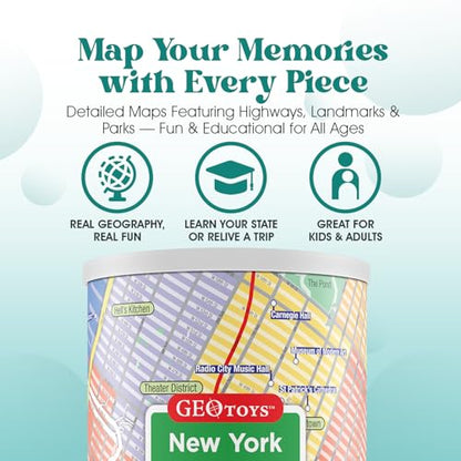 Geotoys New York City Mini City Puzzle - 100 Piece Puzzles for Kids and Adults in Portable Can, 13" x 10" Educational Travel Puzzle for Ages 7 and Up - Mini Puzzles to Learn & Explore Geography - style: New York City