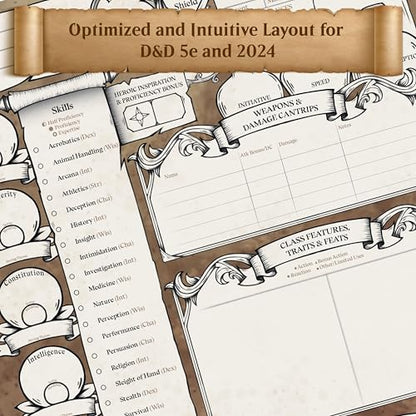 DND Character Sheets with Hand Drawn Artwork. Wet Erase Plastic Sheets Compatible with Dungeons and Dragons 5e & 2024 Player’s Handbook. Set of 6 (Green & Brown). - style: 6 pack