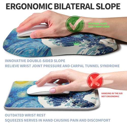 Ergonomic Raised Mouse Pad Wrist Support with Bilateral Slope Memory Foam Mousepad for Wrist Rest and Carpal Tunnel Pain Relief 11.8x7.9〃Starry Night Waves - color: Starry Night Waves