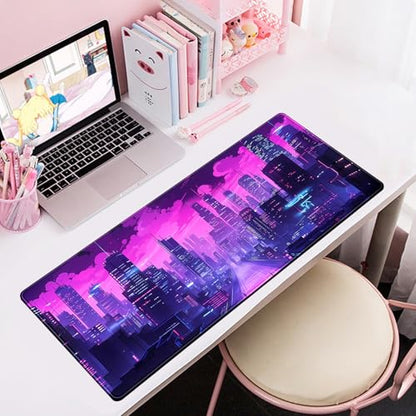Desk Pad Cyberpunk Purple Desk Mat City Skyline Gaming Extended Mouse Pad Big Office Keyboard Pc Laptop for Women Large Mousepad with Stitched Eges Non-Slip Base Mouse Keyboard Mat 31.5x11.8 in - color: C-purple Clouds