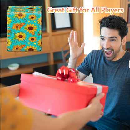 Card Deck Box, Card Storage Box Fits 100+ Single Sleeved Cards, Large Capacity PU Leather Card Storage Box with Strong Magnet for Magic Commander TCG CCG, Cartoon Sunflowers - color: Cartoon Sunflowers