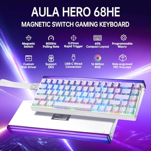 x AULA HERO 68 HE 60% Gaming Keyboard Wired, Hall Effect Mechanical Keyboard Mini with Adjustable Actuation, Rapid Trigger Mode, 8K Hz Polling Rate,0.125ms Latency,Side Printed PBT Keycaps,RGB Backlit - color: Purple