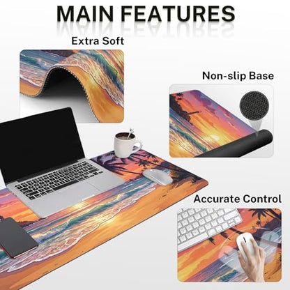 Britimes Beach Sunset Keyboard Mouse Pad Set Tropical Coastal 4in1 Large Mousepad+Keyboard Wrist Rest+Mouse Wrist Rest+Coaster Ergonomic Design for Home Office Computer 35.4x15.7 inches - color: Beach Sunset
