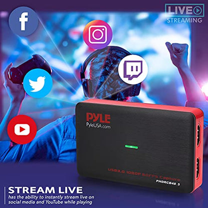 PyleUsa Capture Card Device, 4K HDMI Video Capture Card, 1080P 60FPS, HDMI to USB 3.0 Capture Card for Live Streaming Work with Camera, USB, SD, PC, DVD, Xbox One, Xbox 360, PS4, PS3 and Wii-PHDRCB48