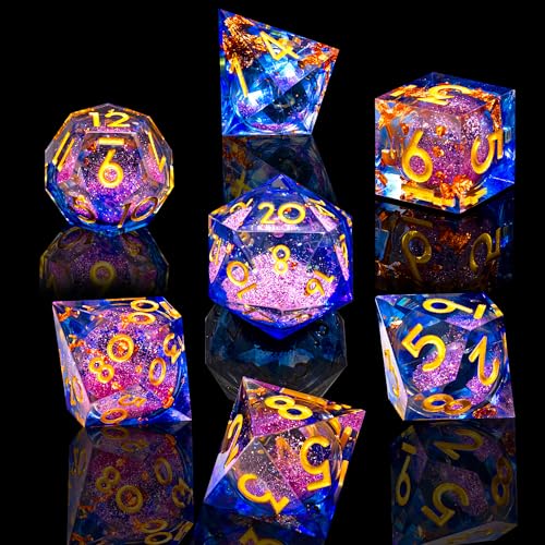 Liquid Core DND Dice Set, 7pcs Sharp Edge Dice for Role Playing Dungeons and Dragons Ttrpg with Gift Box, Handmade Resin D&D Dice RPG Role Playing Games Dice Set(Blue&Pink Quicksand) - color: Liquid-smog Blue God