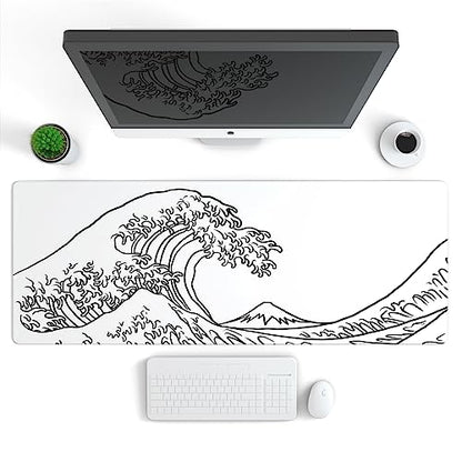 Ovenbird Gaming Mouse Pad with Stitched Edges, Japanese Wave White Extended XL Mousepad with Anti-Slip Base, Cool Large Mouse Pad for Desk, 31.5 x 11.8 in, White - color: Minimal Wave, size: Extended