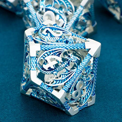 ARUOHHA Hollow DND Metal Dice Set Blue Dragons D and D Dice, RPG Role Playing Games Dungeons Polyhedral Dice with Gift Box D20 D12 D10 D8 D6 D4 - color: Silver Blue