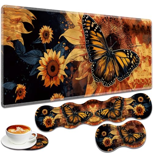 Large Gaming Mouse Pad + Keyboard Wrist Rest + Wrist Support + Coaster Set, Memory Foam Ergonomic for Easy Typing, XXL Extended Gaming Mouse Pad Table Pad - Sunflower and Butterfly - color: Sunflower and Butterfly