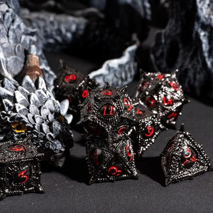 Black Metal DND Dice Dragon Eye Metal Dice Set D&D for Tabletop Game | Leather Storage Bag, DM Gift, for Dungeons and Dragons Role Playing Games - color: Dragon-black Red