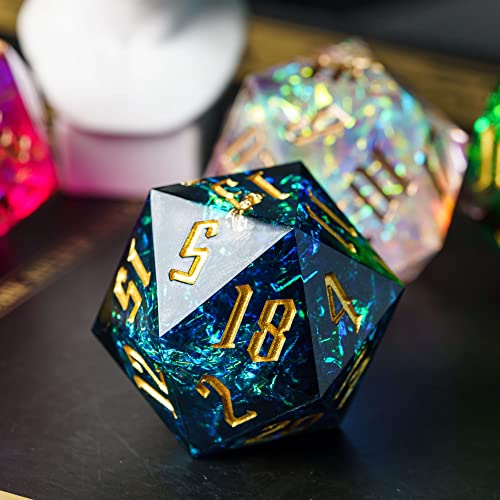 Cusdie Single D20 DND Dice with Sharp Edges and Glitter Foil Inclusions, 20 Sided D&D Dice, 33mm Handcrafted Polyhedral Dice, for Role Playing Game (Blue) - color: Blue