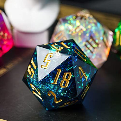 Cusdie Single D20 DND Dice with Sharp Edges and Glitter Foil Inclusions, 20 Sided D&D Dice, 33mm Handcrafted Polyhedral Dice, for Role Playing Game (Blue) - color: Blue