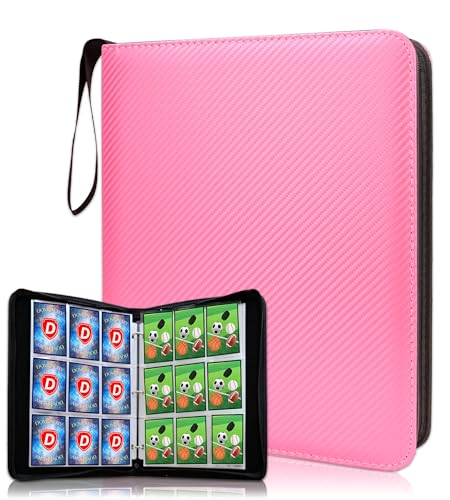 Trading Card Binder 9 Pocket, 1080 Cards Collection Folder with 60 Sleeves, Zipper Card Organizer Album for Baseball, Sports, Collectible Card(Pink, 9Pockets) - color: Pink, size: 9 Pocket