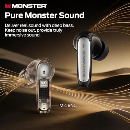 Monster Wireless Earbuds, Bluetooth 6.0 Headphones Deep Bass, Black