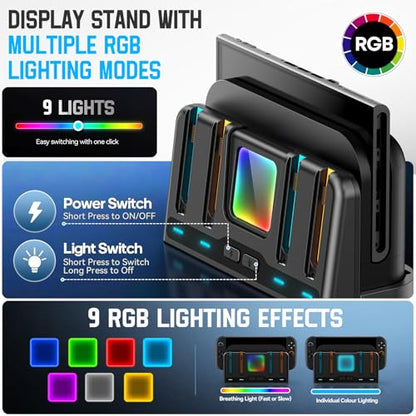 for Mac Game Switch 2/1 Charging Dock Station Compatible with Joycon 1/2 Controller, Switch 2 Controller Charger, Joycon Charging Dock, Game Accessories with 9 RGB Light Modes - size: L-Black-Switch 1/2
