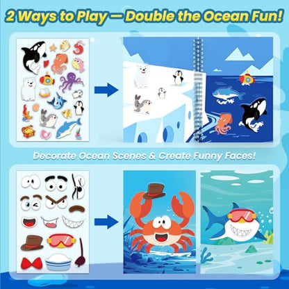Ocean Reusable Sticker Book for Toddlers, DIY Make-a-face Jelly Stickers | Make A Face & Scene Decoration Play, 57 Washable&Reusable Jelly Stickers, Portable Travel Friendly, Airplane Trip Essentials - style: Ocean